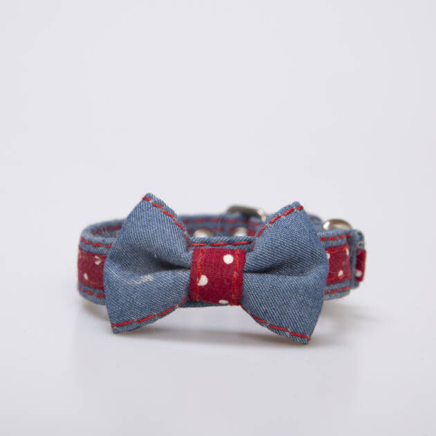 COLLAR PARA PERRO JEAN Y RAYA ROJA CON LUNARES