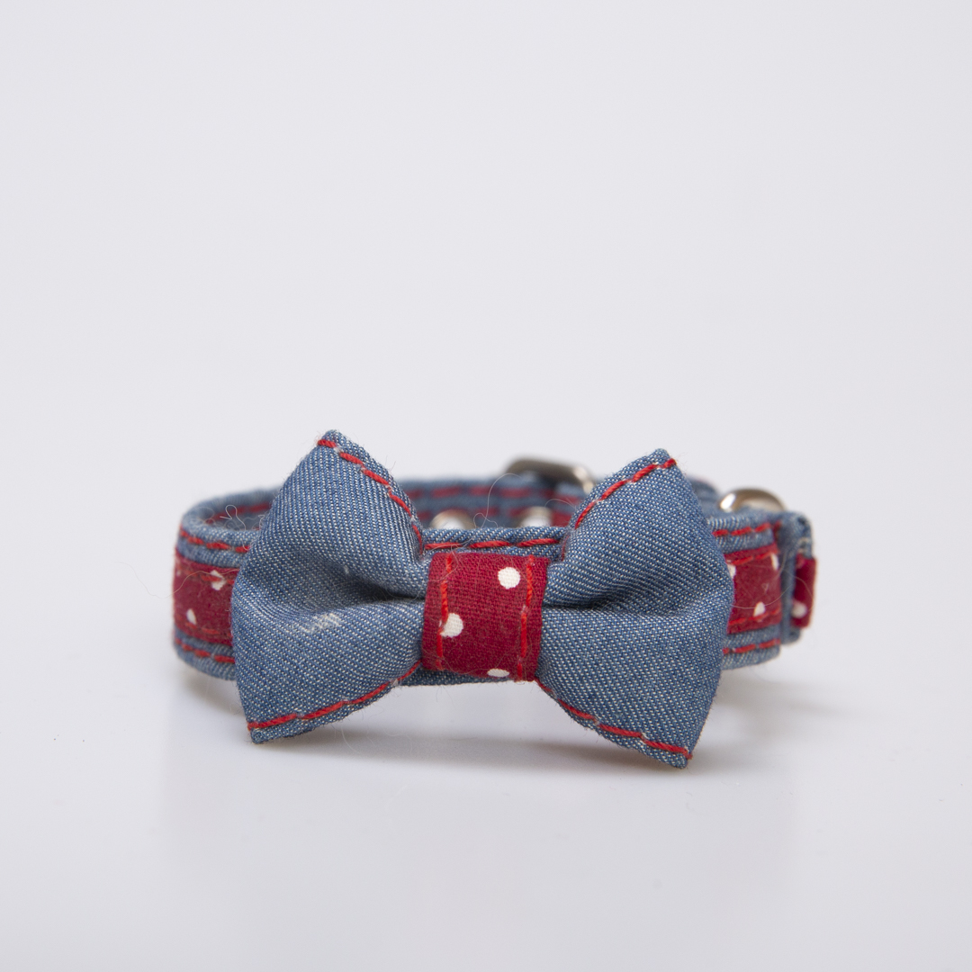 COLLAR PARA PERRO JEAN Y RAYA ROJA CON LUNARES